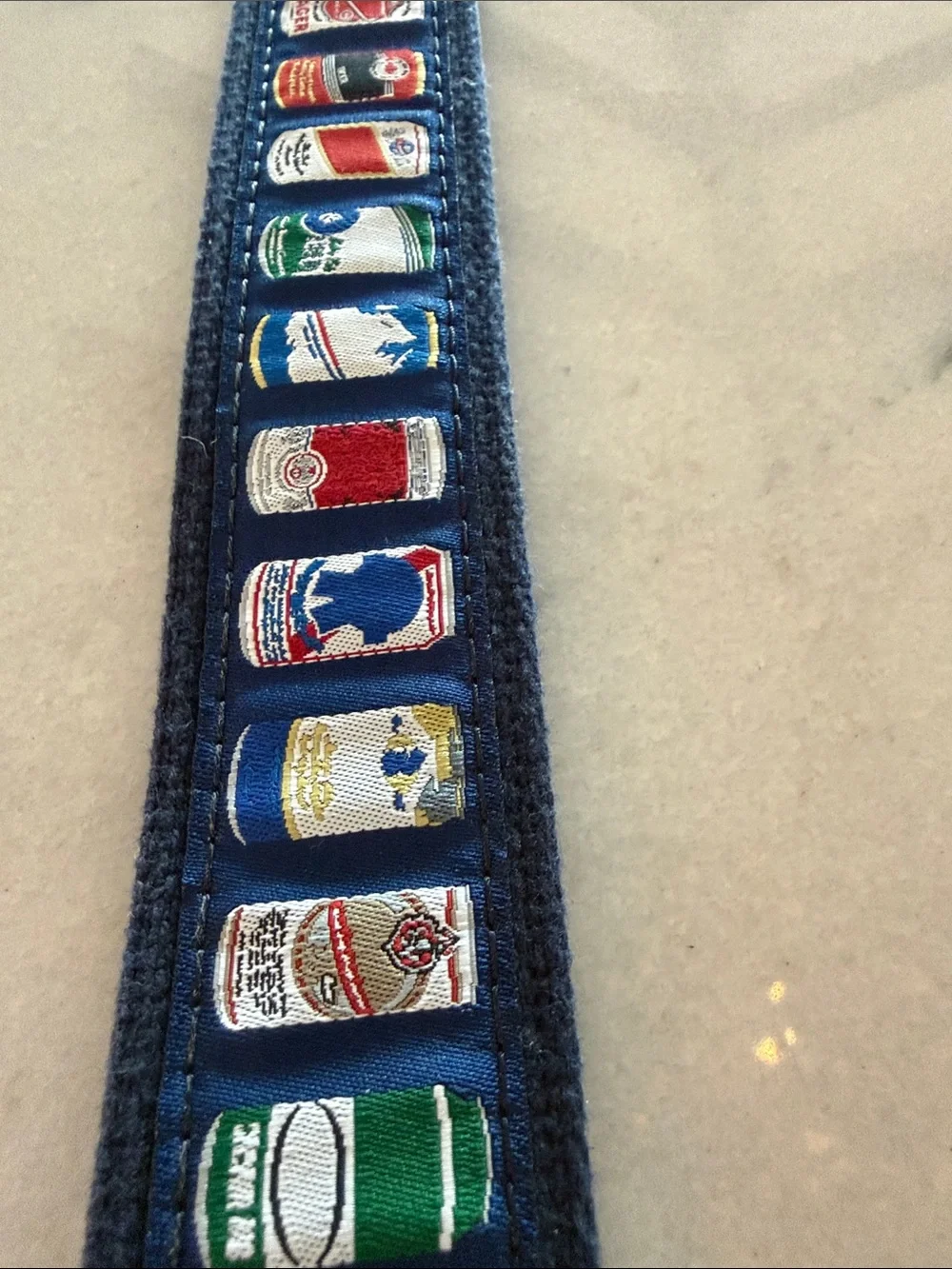 Navy Embroidered Canvas Belted Cow  Belt with Beverage Motif - Men